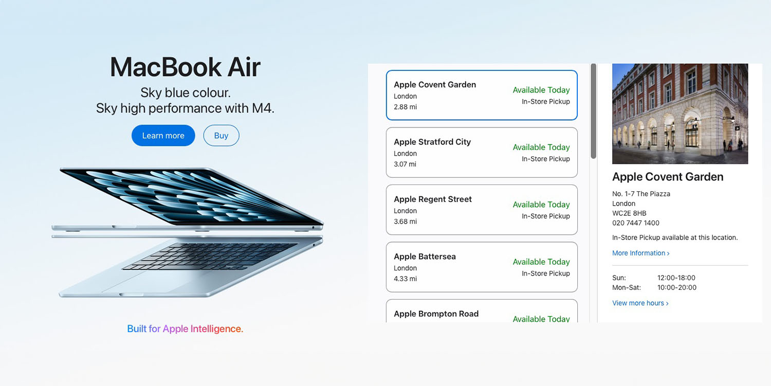 M4 MacBook Air available for immediate pickup as new Mac and iPad orders go live | Screengrab of Apple website
